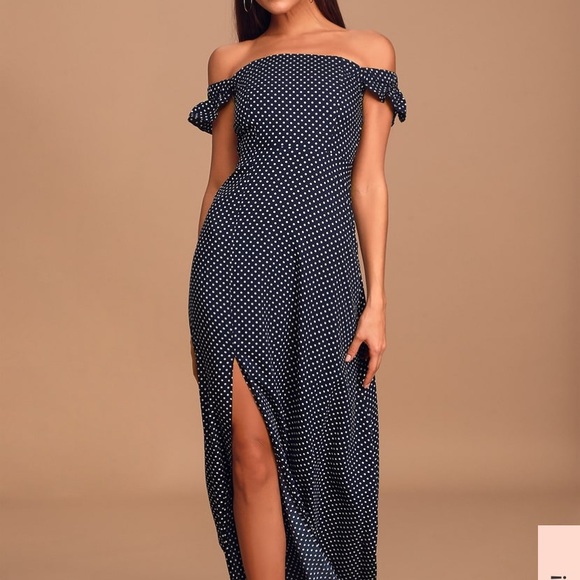 Navy Polka Dot Off theShoulder Maxi Dress Lulus - Picture 3 of 5